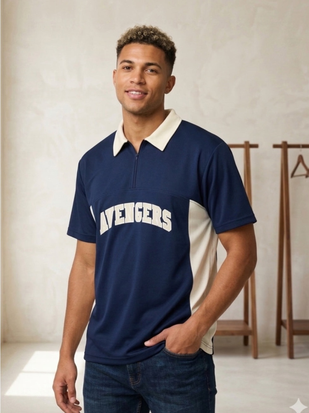 JW Athletics Marvel Avengers Polo Shirt Navy Blue Colorblock Gameday Jers